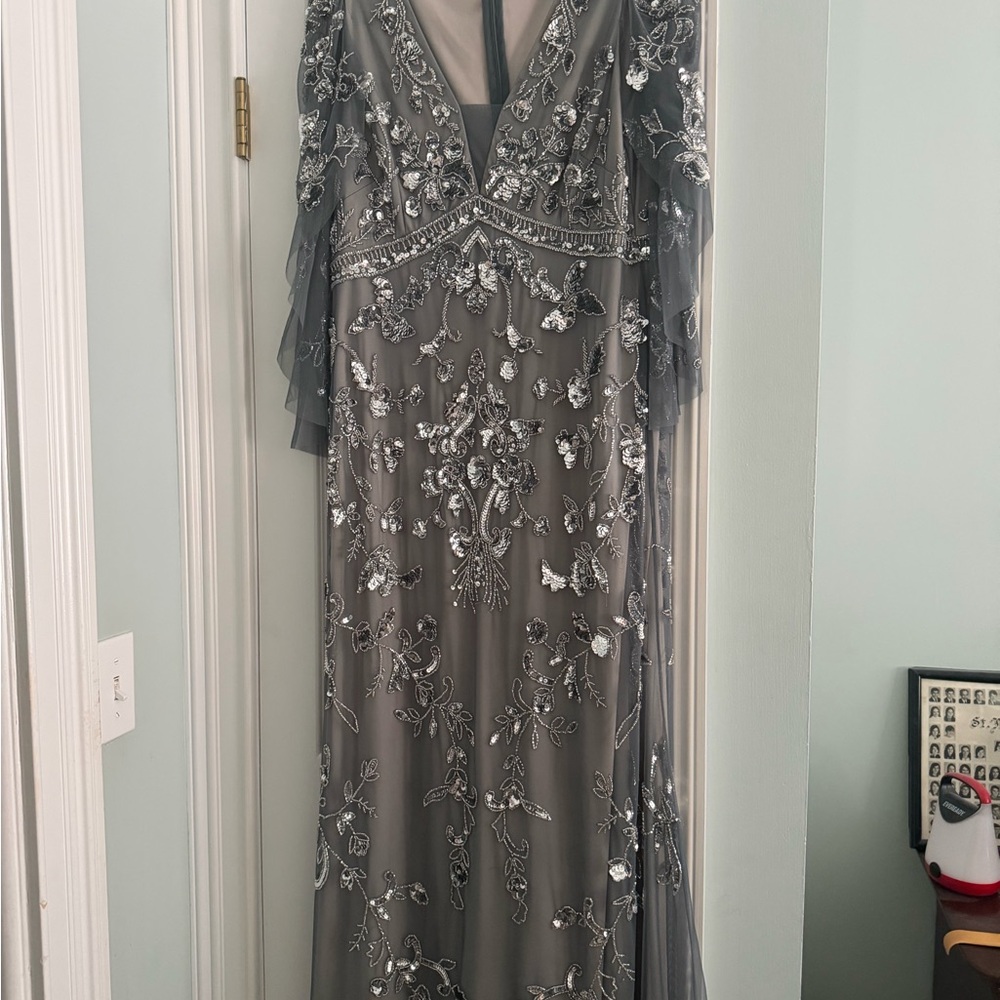 Adrianna Papell Silver-Embellished Grey Beaded Maxi Dress